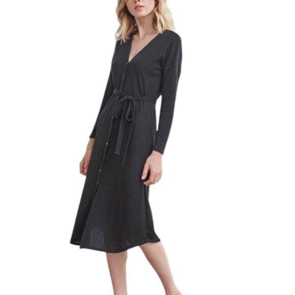 Vetta Capsule The Long Cardigan Ribbed Midi Dress Belt Black Tencel Women's Med - Picture 1 of 16